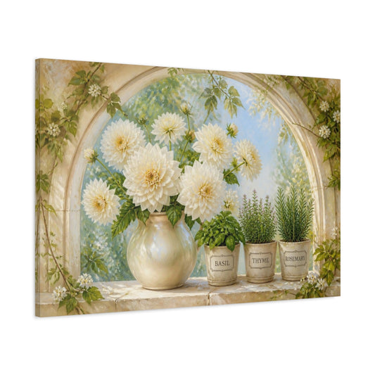 Main Mockup. White Dahlias And Herbs shown as canvas print