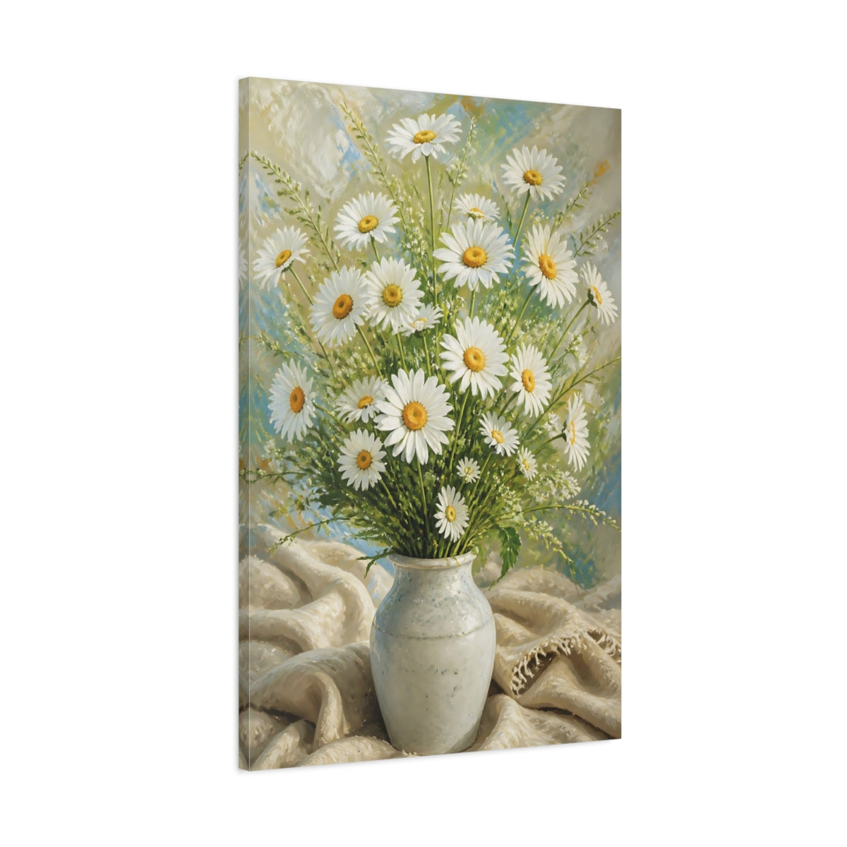 Main Mockup. White Daisy Flowers Bouquet shown as canvas print