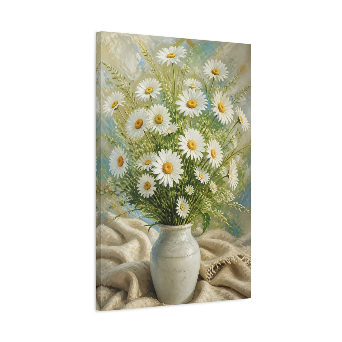 Side Mockup 2. White Daisy Flowers Bouquet shown as canvas print