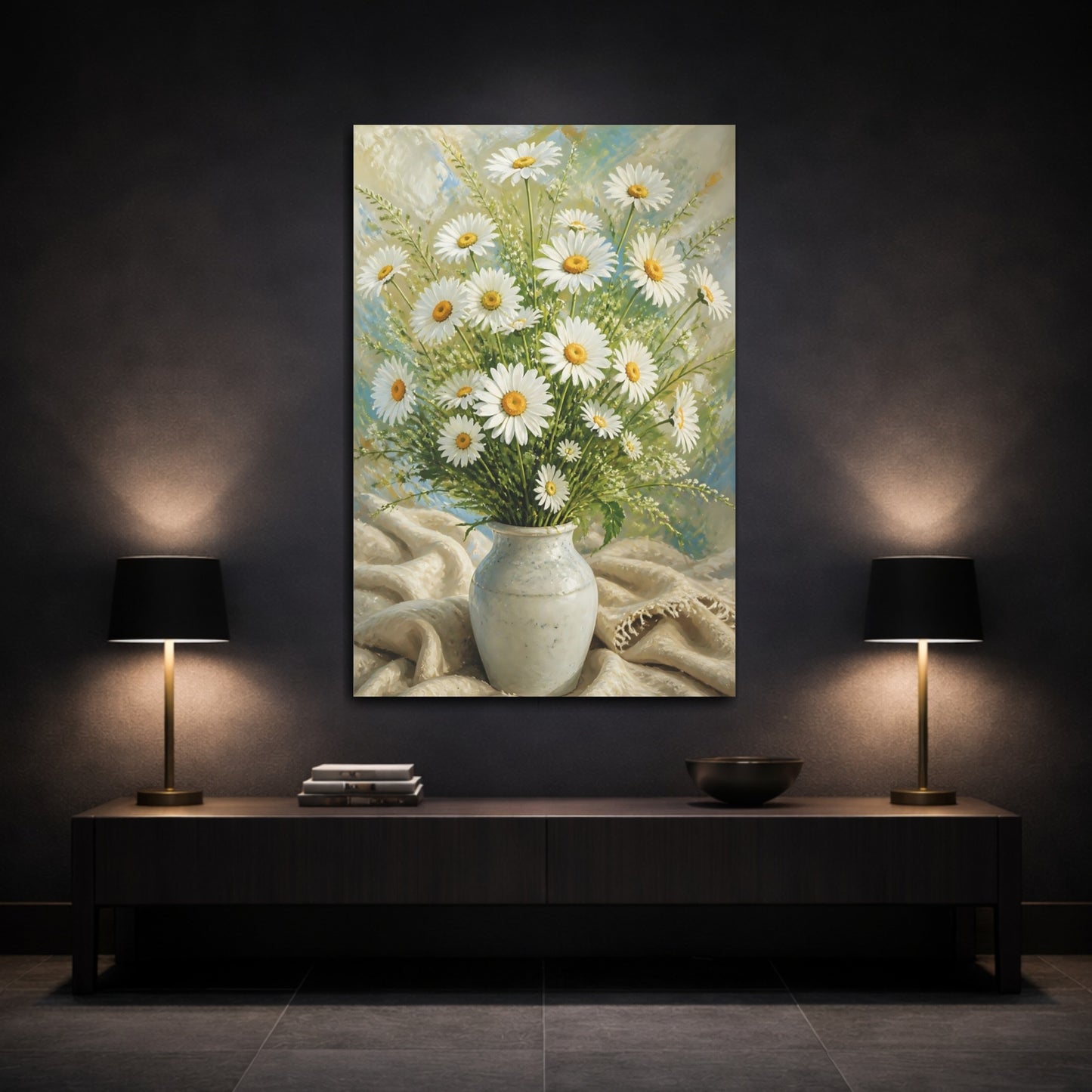 Mockup 3. White Daisy Flowers Bouquet shown as canvas print