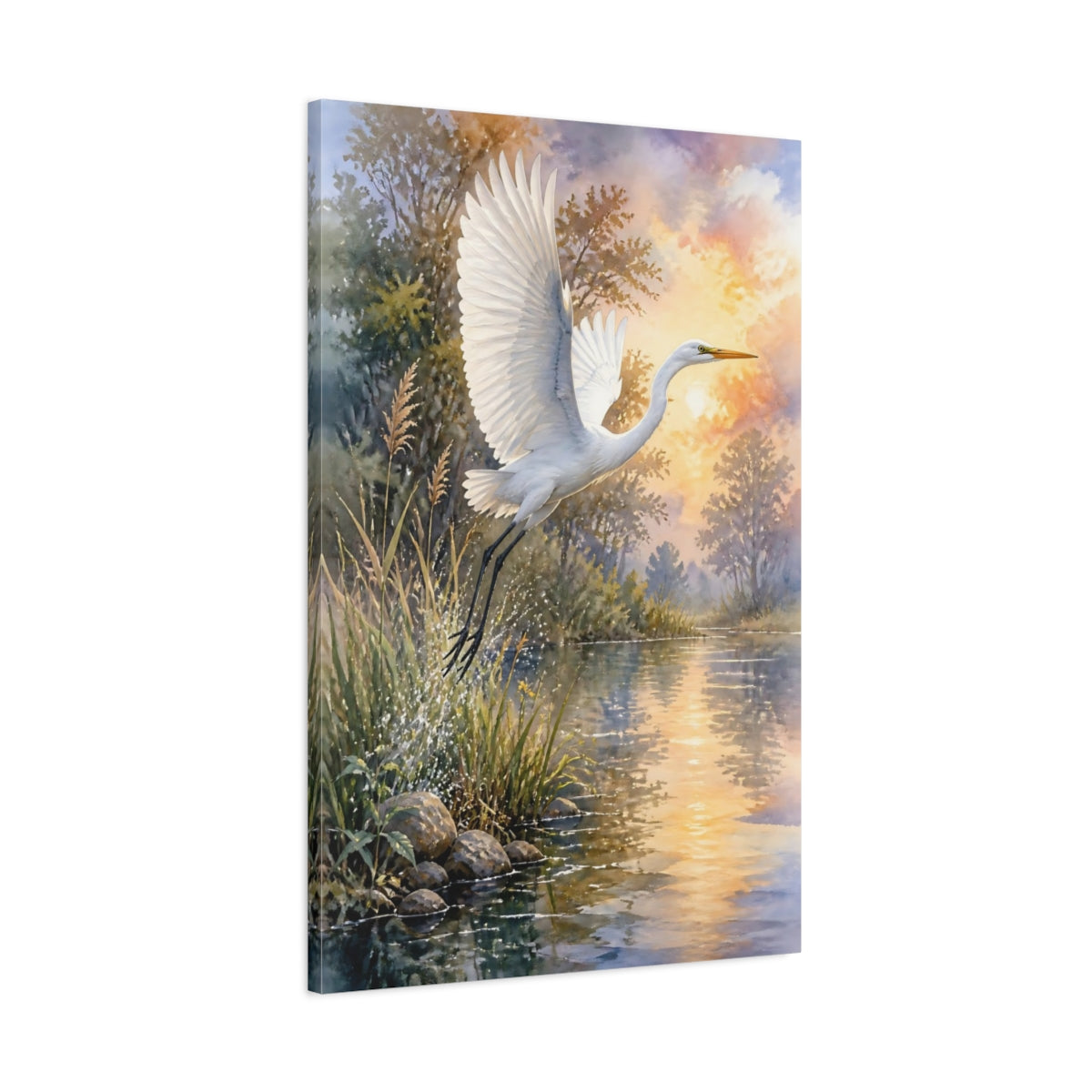 Main Mockup. White Egret Animals Sunset shown as canvas print