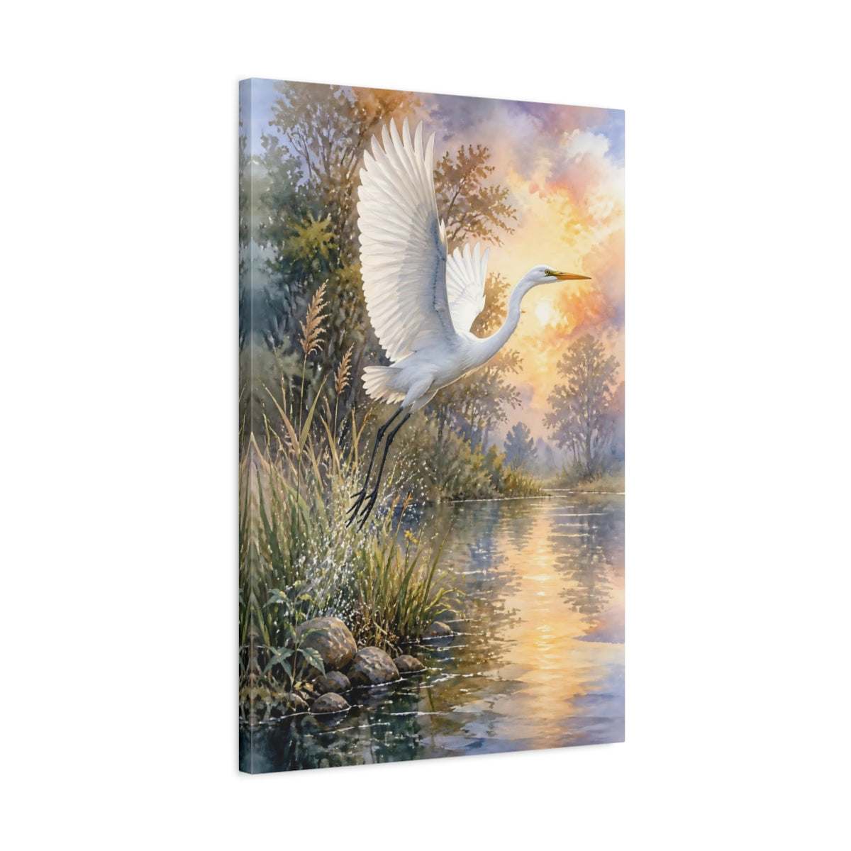Side Mockup 2. White Egret Animals Sunset shown as canvas print