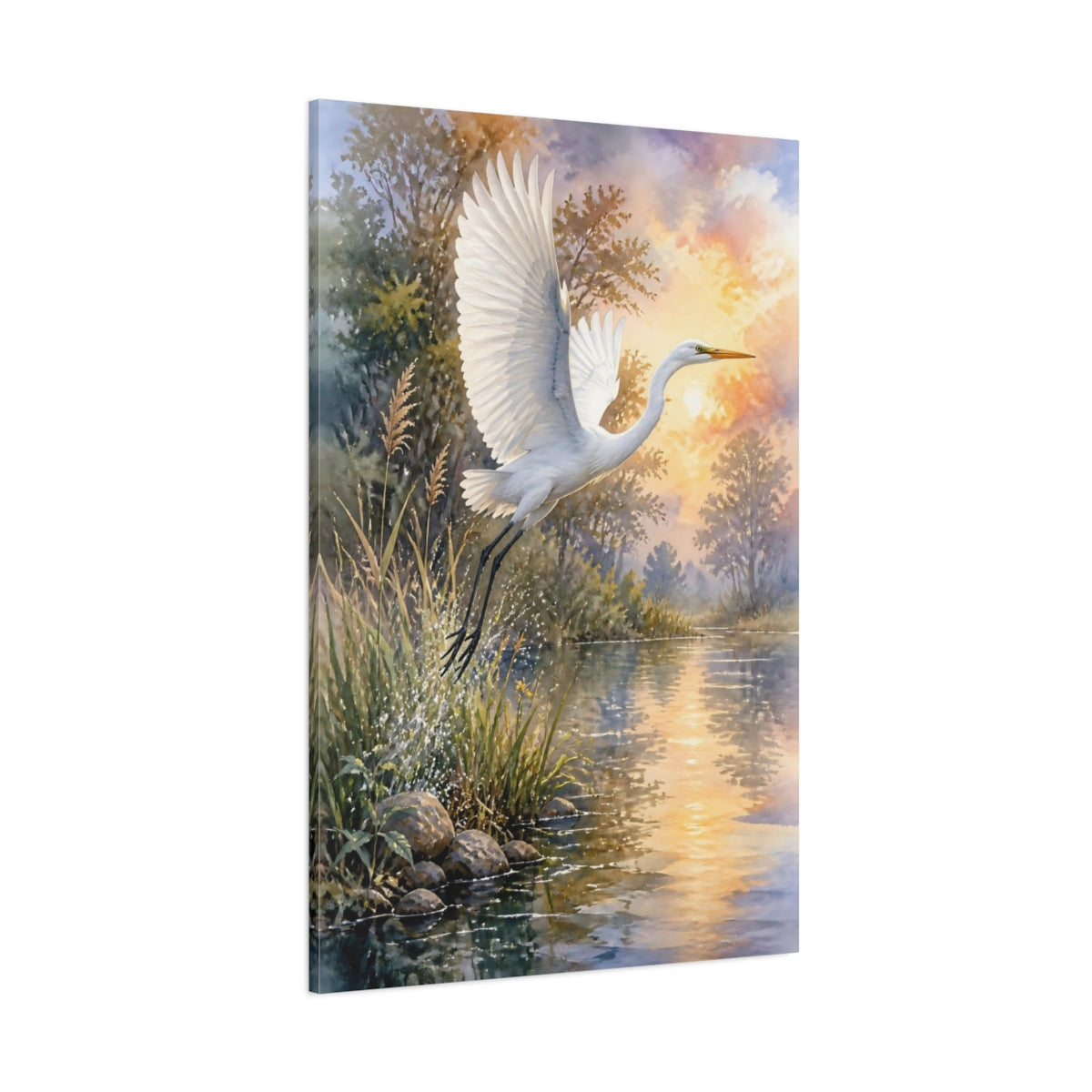 Side Mockup 1. White Egret Animals Sunset shown as canvas print