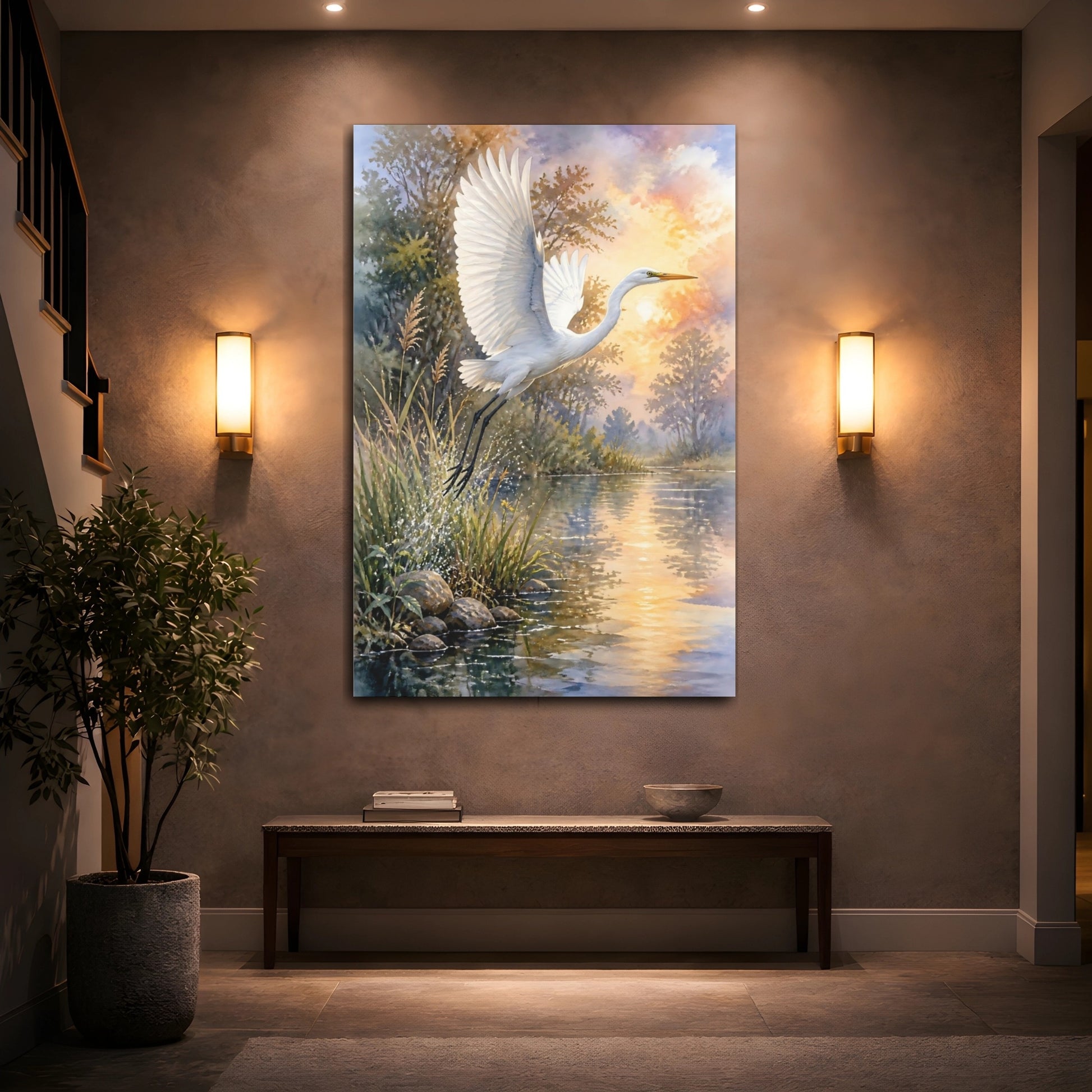 Mockup 2. White Egret Animals Sunset shown as canvas print