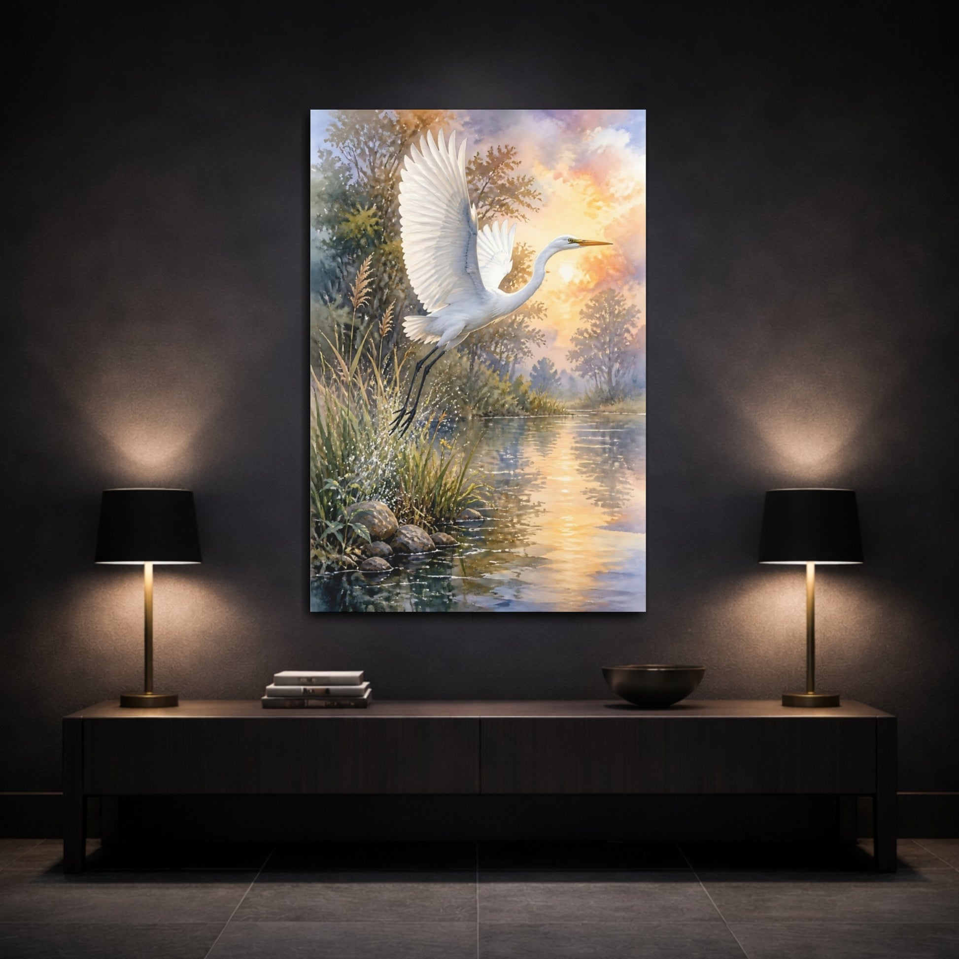 Mockup 3. White Egret Animals Sunset shown as canvas print