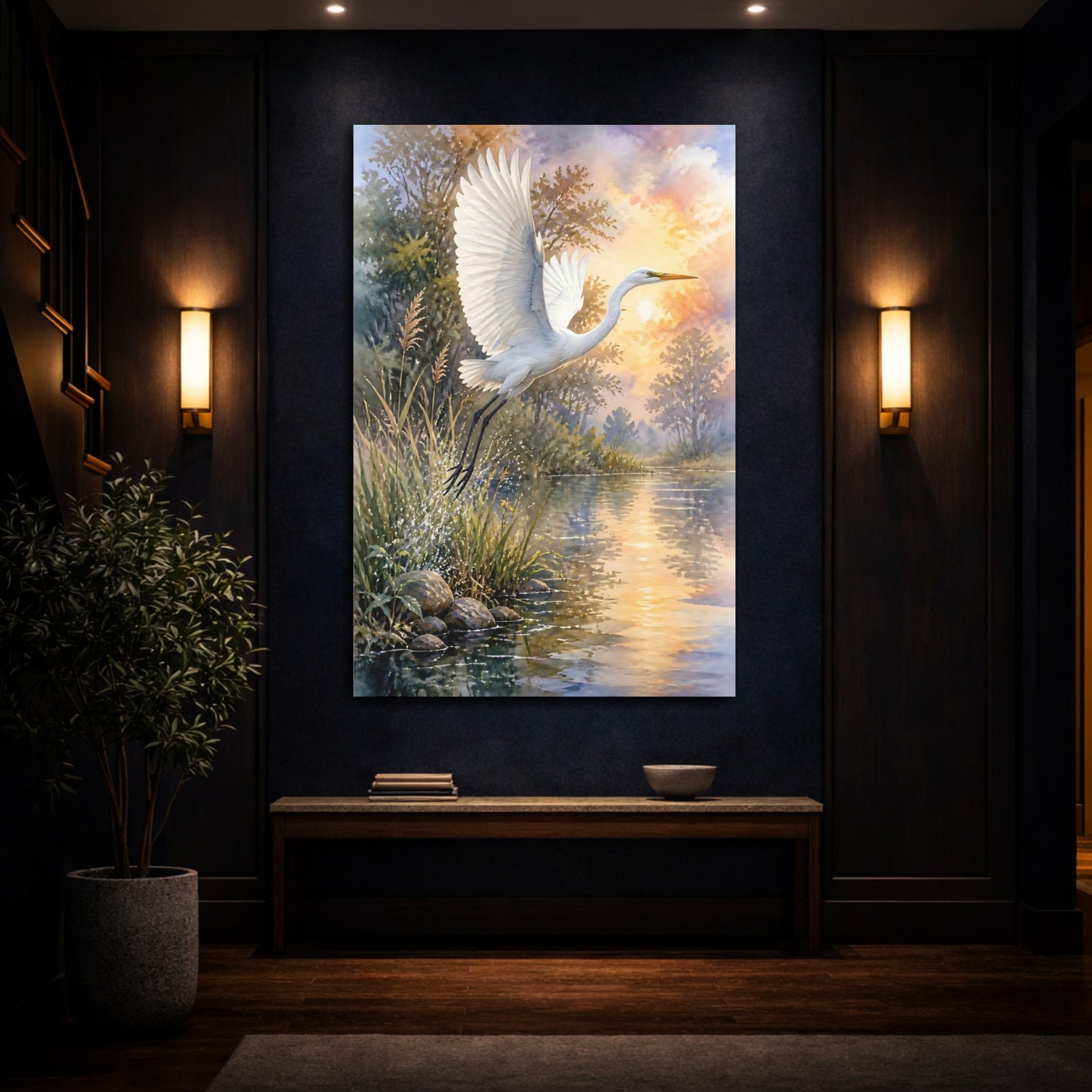 Mockup 4. White Egret Animals Sunset shown as canvas print
