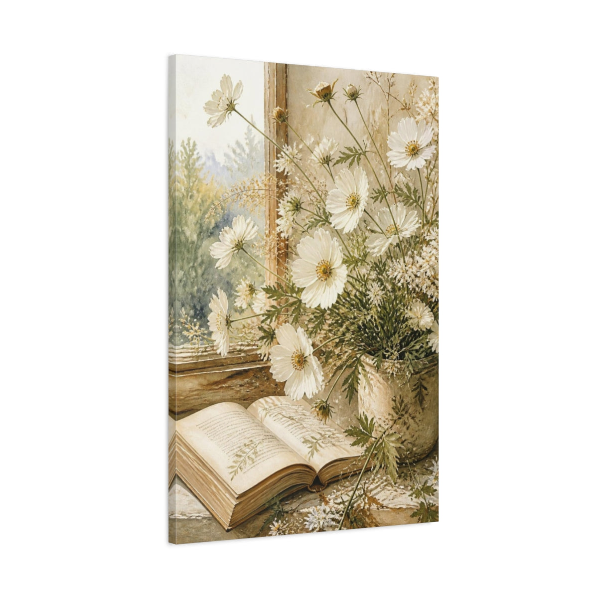 Main Mockup. White Flowers & Open Book shown as canvas print