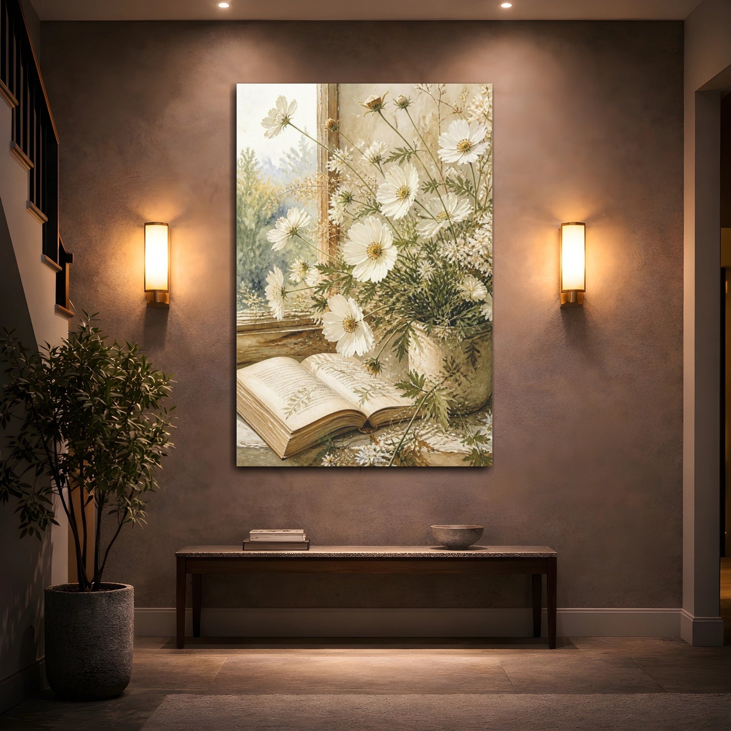Mockup 2. White Flowers & Open Book shown as canvas print