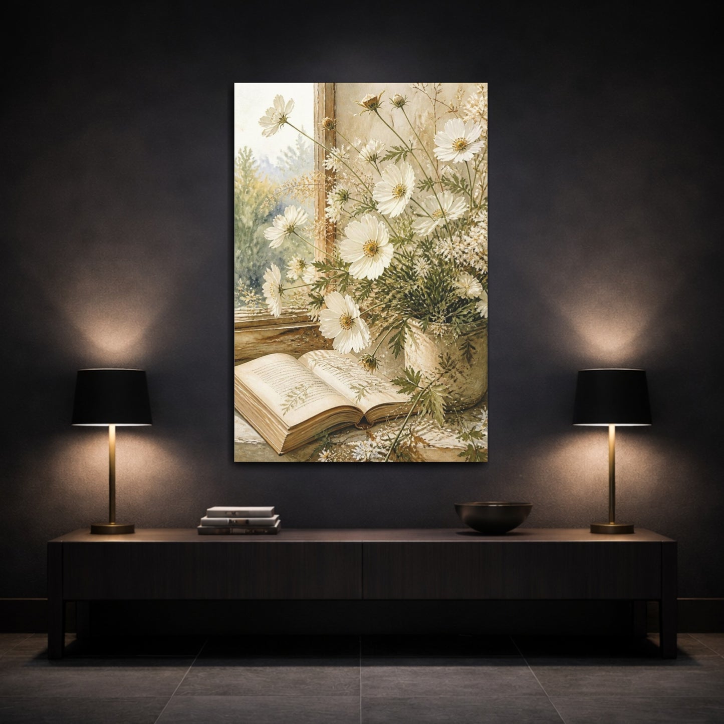 Mockup 3. White Flowers & Open Book shown as canvas print