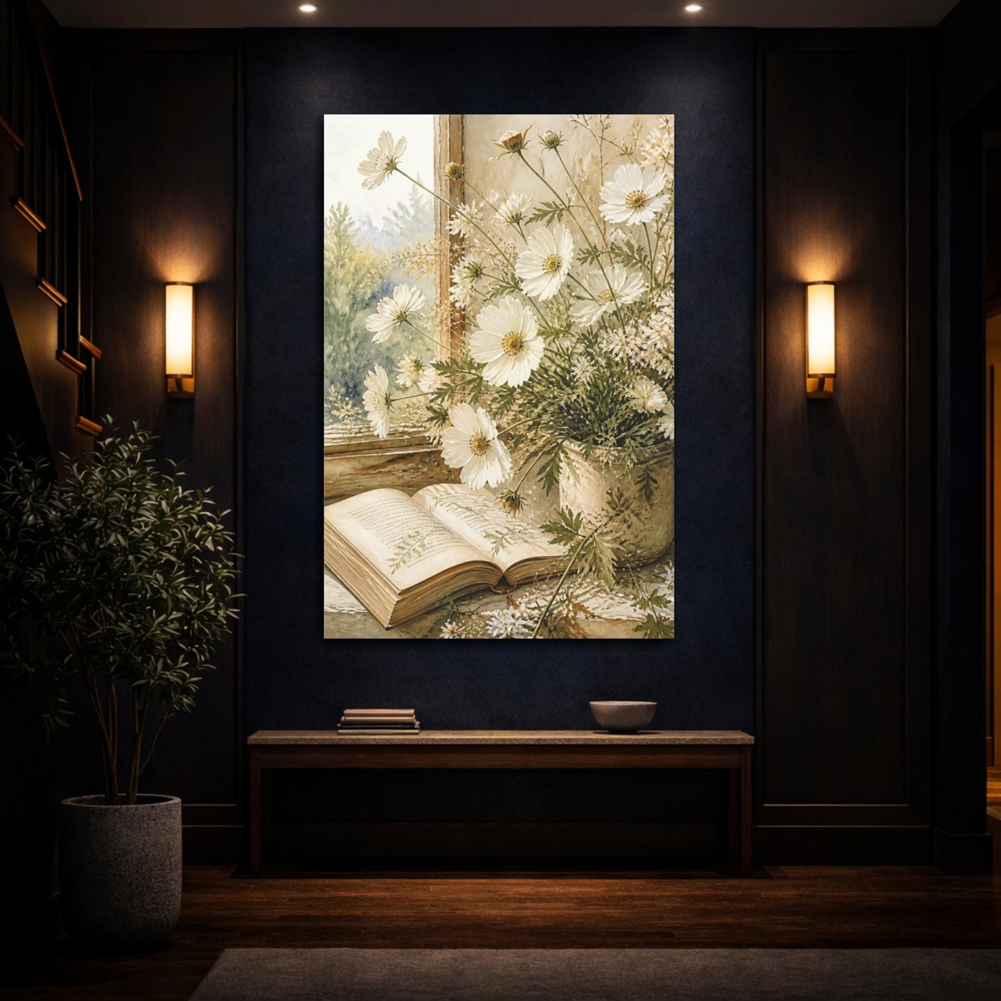 Mockup 4. White Flowers & Open Book shown as canvas print