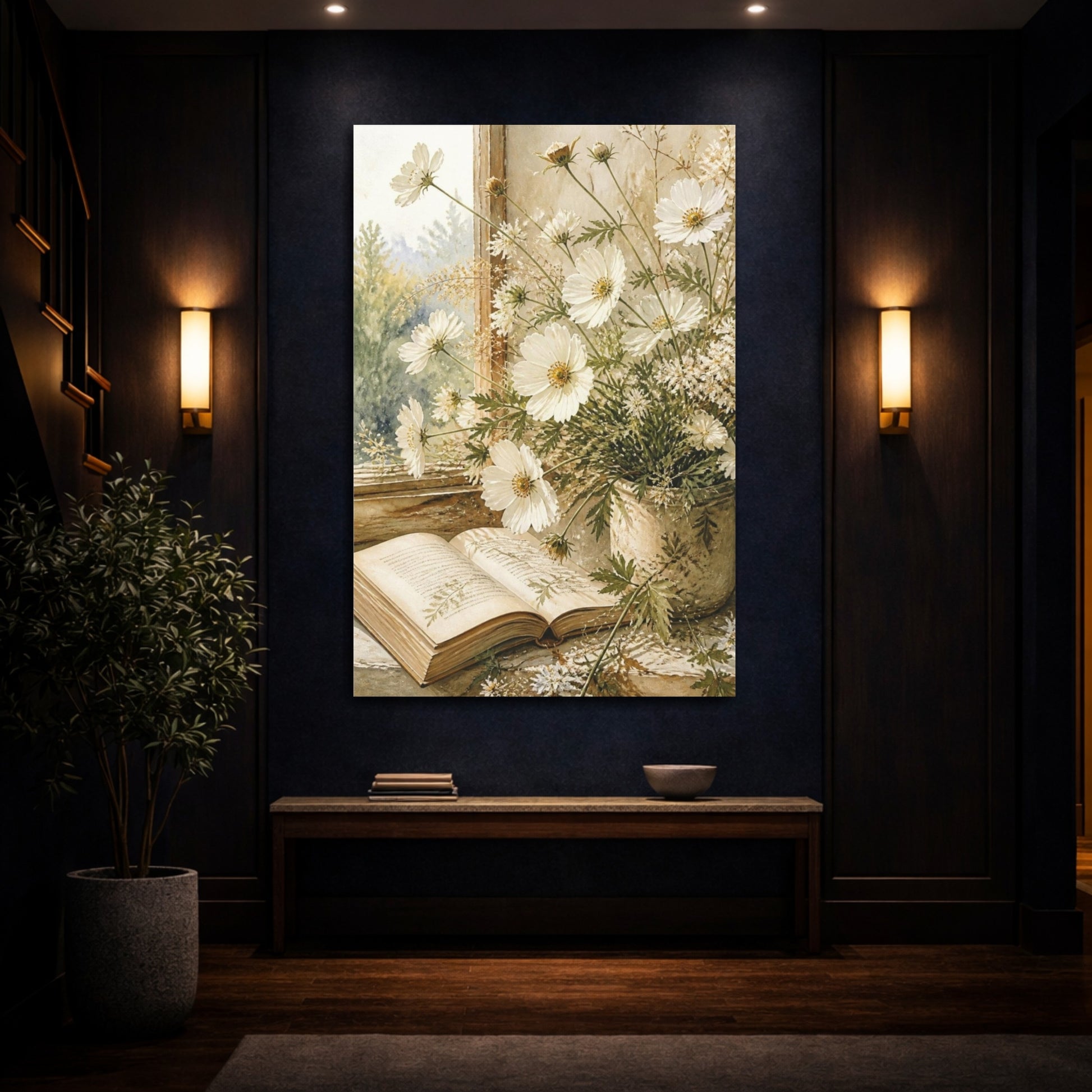 Mockup 4. White Flowers & Open Book shown as canvas print