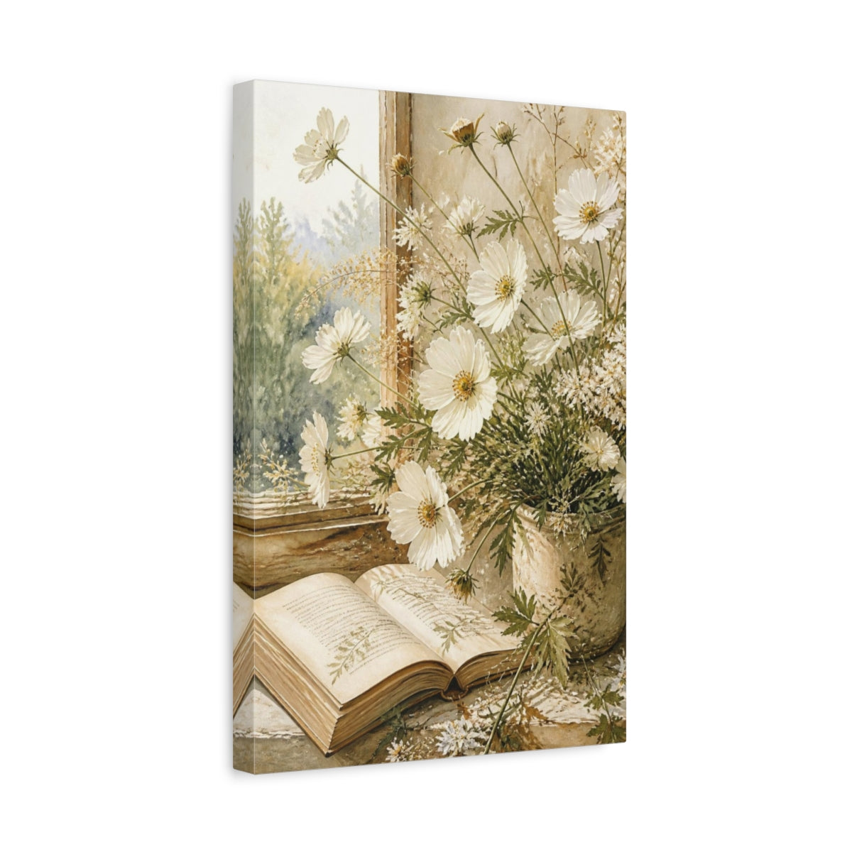 Side Mockup 4. White Flowers & Open Book shown as canvas print