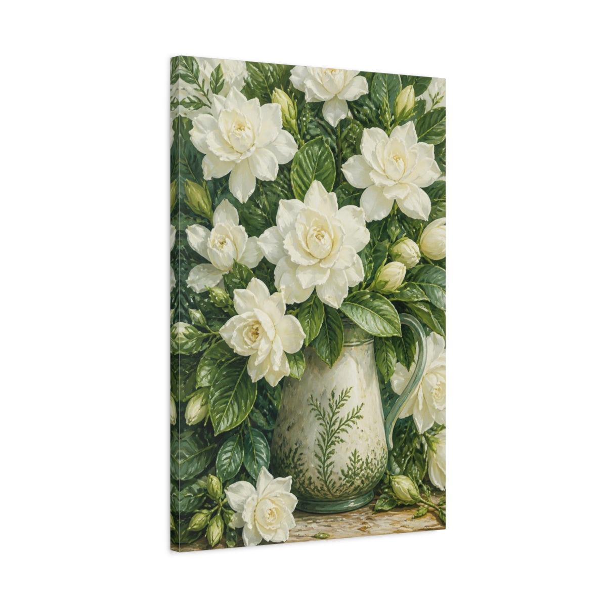 Side Mockup 2. White Gardenia Floral Pitcher shown as canvas print