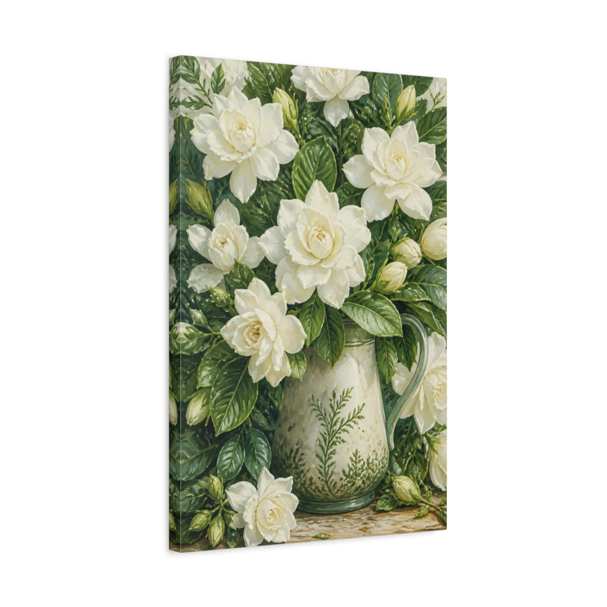 Side Mockup 3. White Gardenia Floral Pitcher shown as canvas print