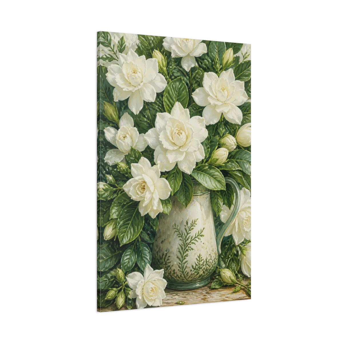 Side Mockup 1. White Gardenia Floral Pitcher shown as canvas print