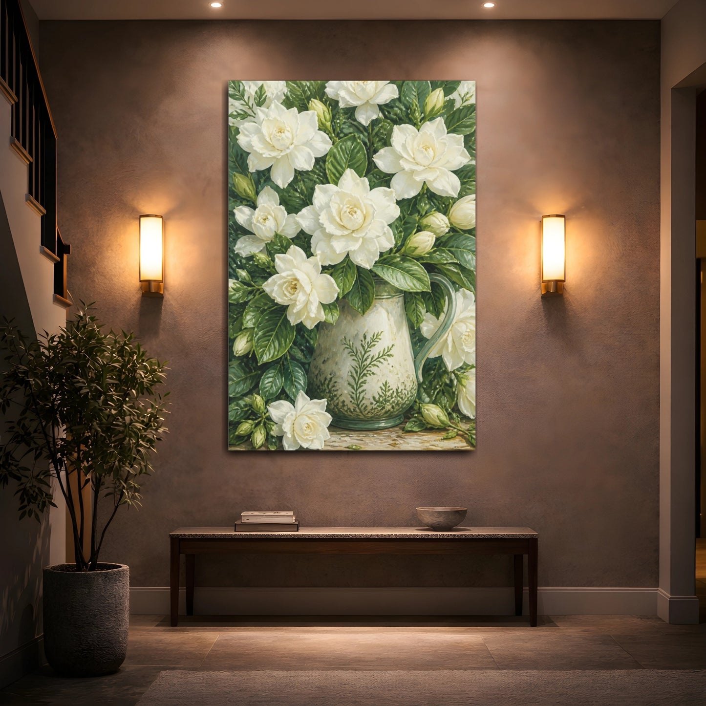 Mockup 2. White Gardenia Floral Pitcher shown as canvas print