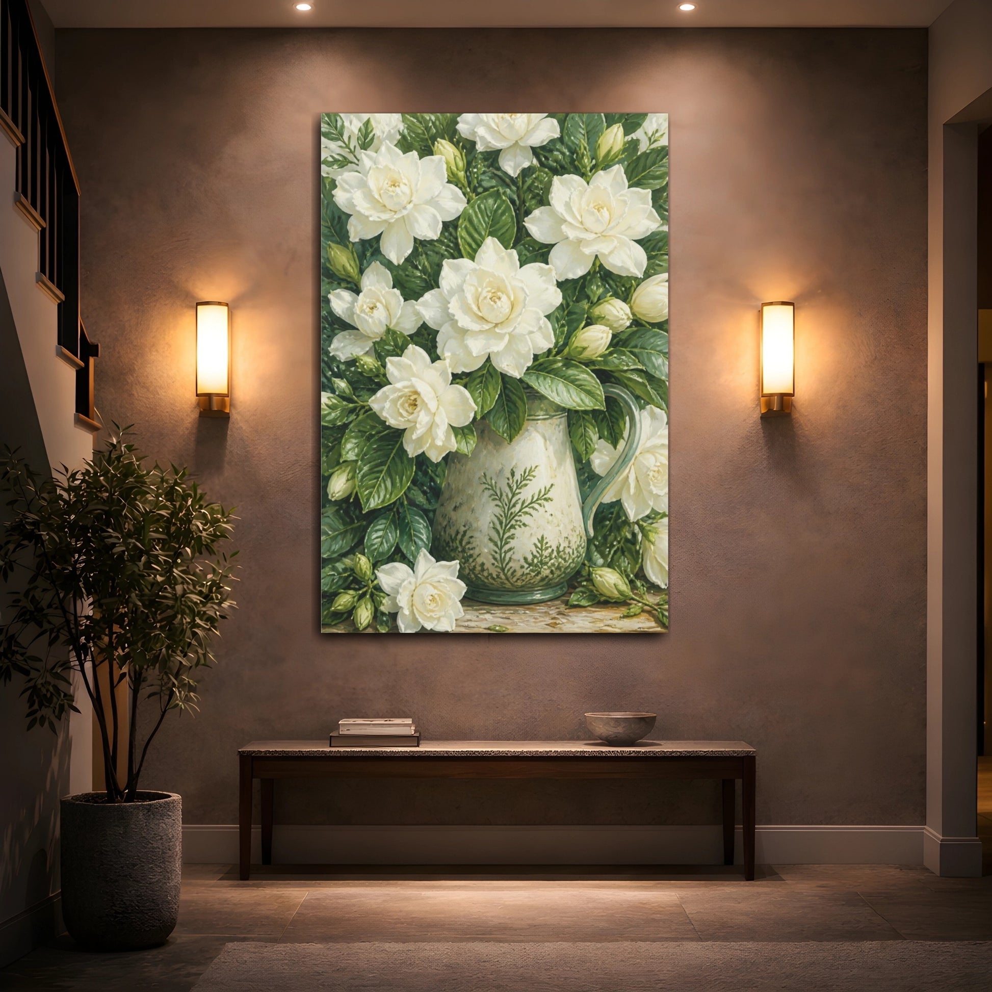 Mockup 2. White Gardenia Floral Pitcher shown as canvas print