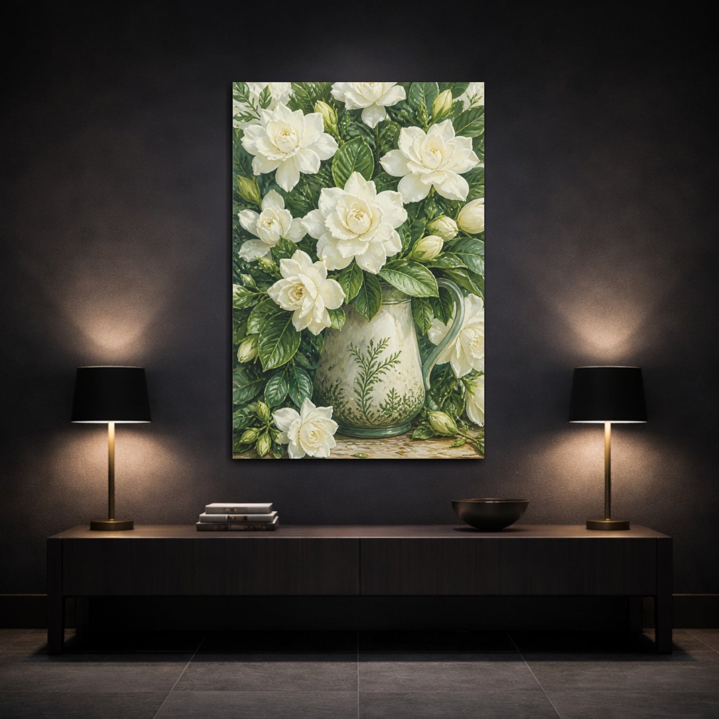 Mockup 3. White Gardenia Floral Pitcher shown as canvas print