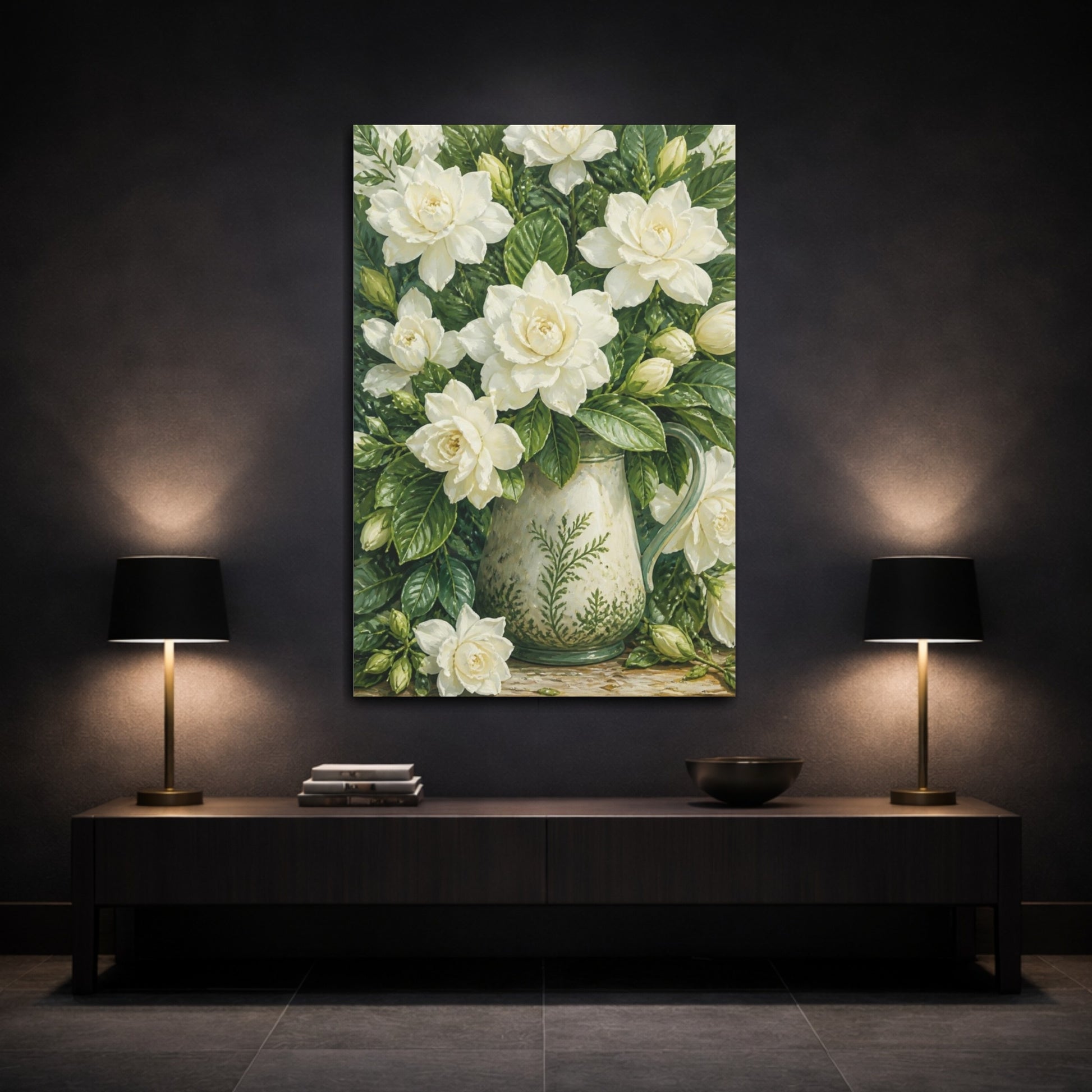 Mockup 3. White Gardenia Floral Pitcher shown as canvas print
