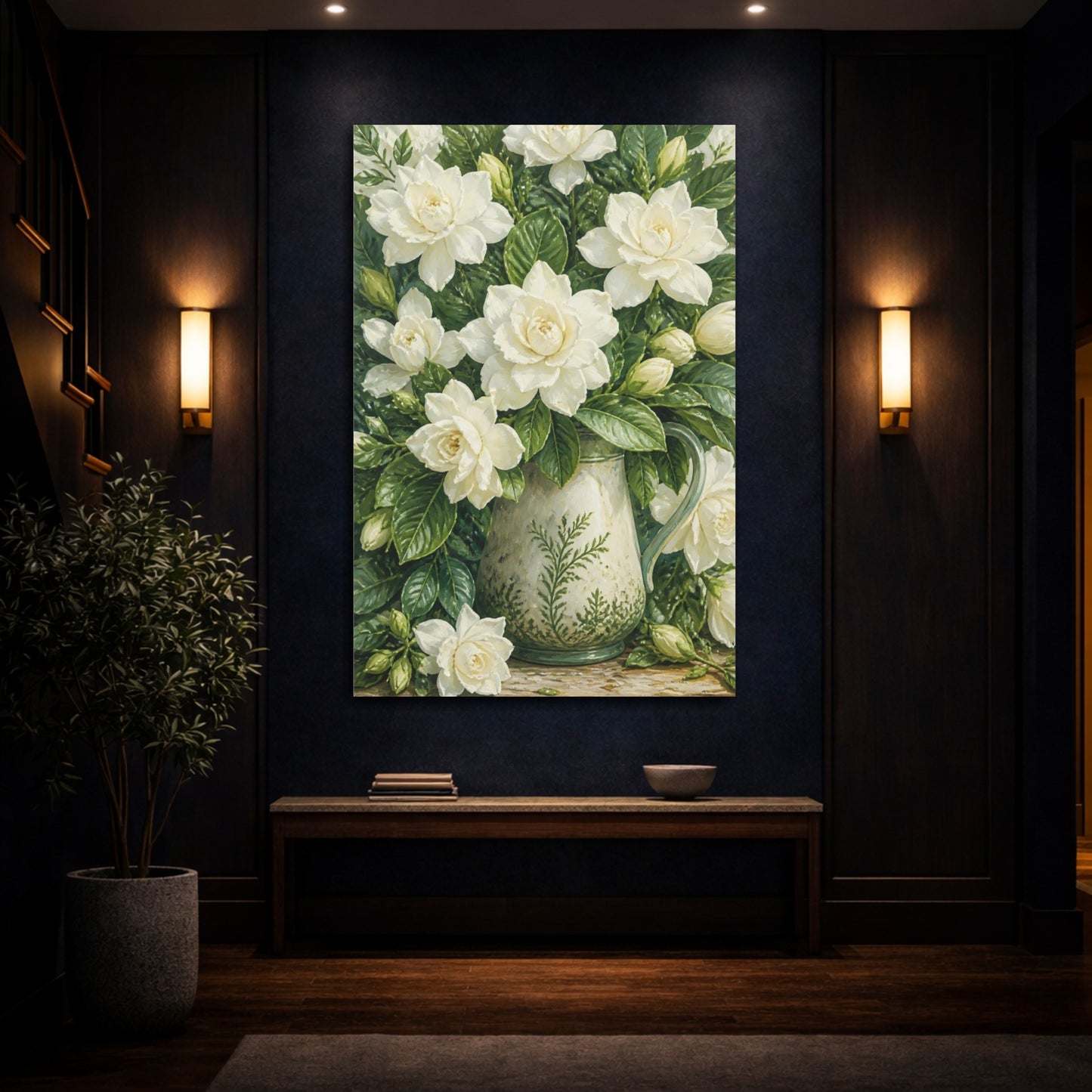 Mockup 4. White Gardenia Floral Pitcher shown as canvas print