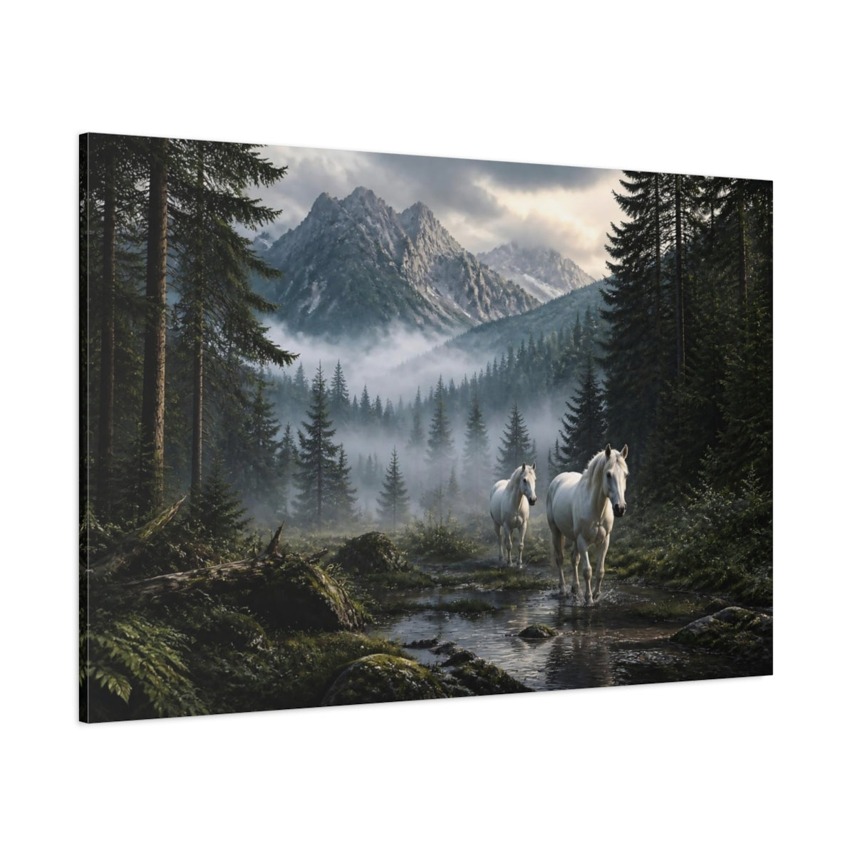 Side Mockup 1. White Horses Landscape shown as canvas print