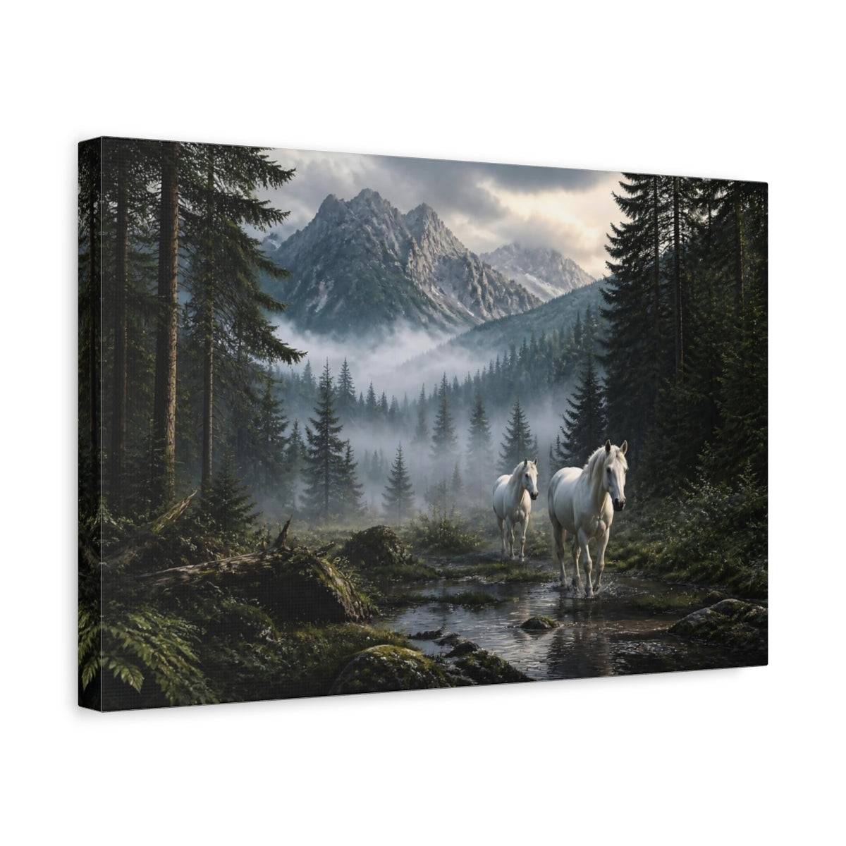Side Mockup 4. White Horses Landscape shown as canvas print