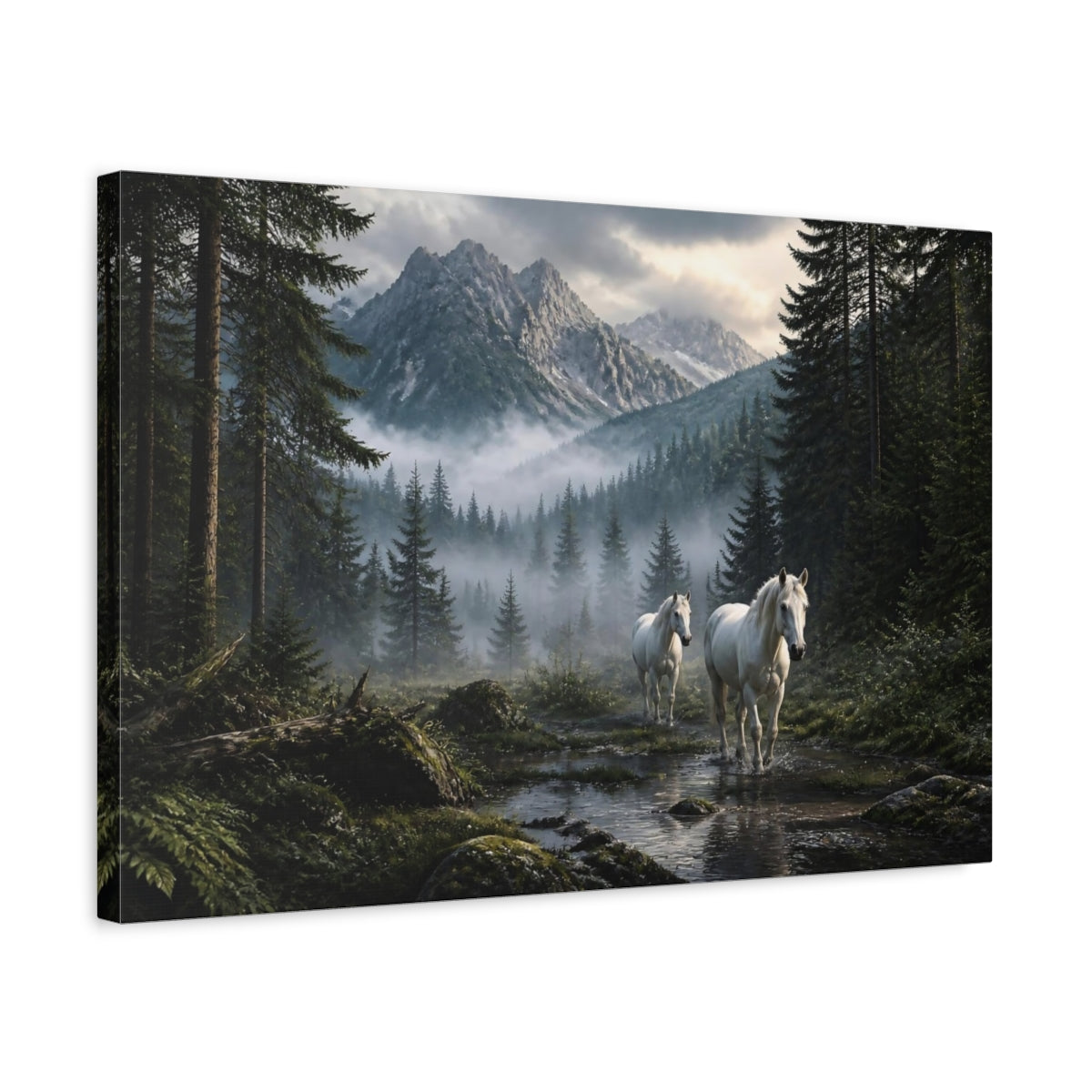 Side Mockup 3. White Horses Landscape shown as canvas print