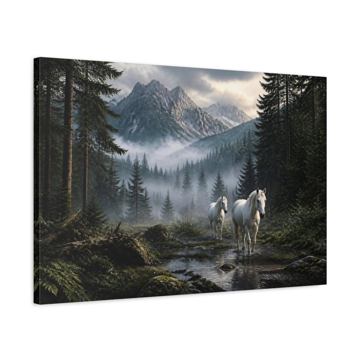 Side Mockup 2. White Horses Landscape shown as canvas print