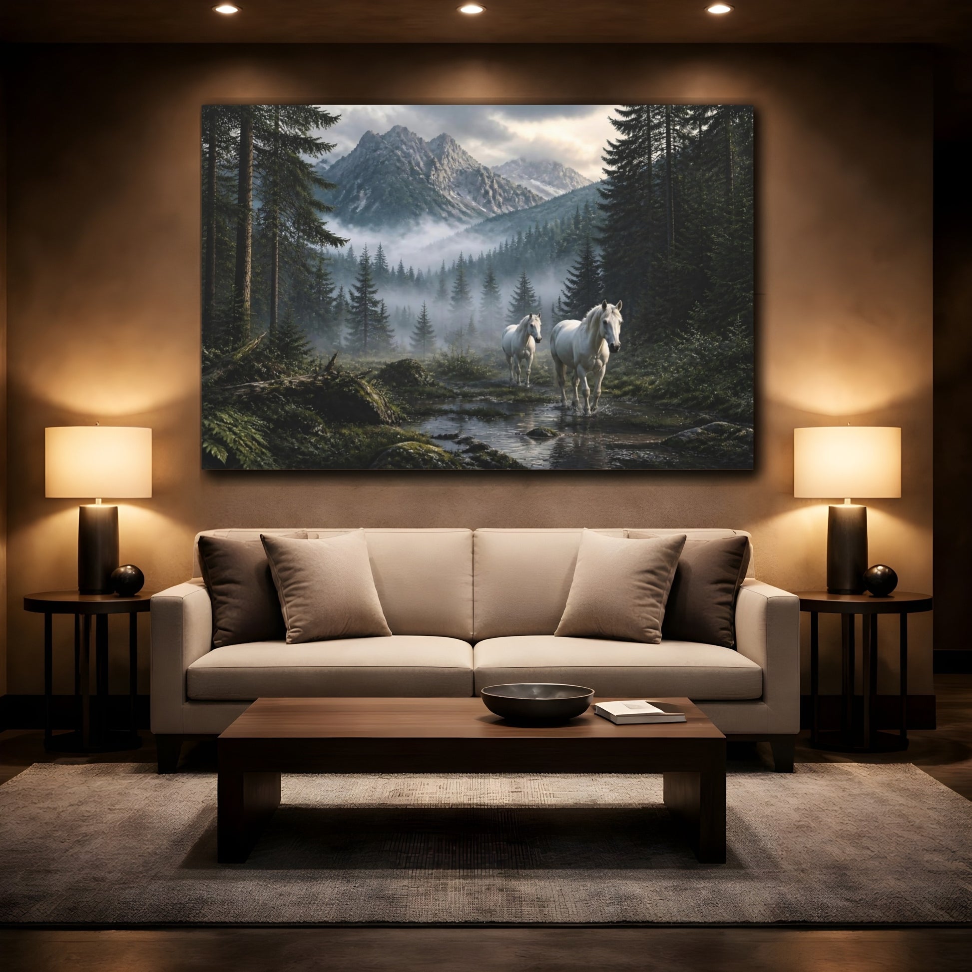 Mockup 2. White Horses Landscape shown as canvas print