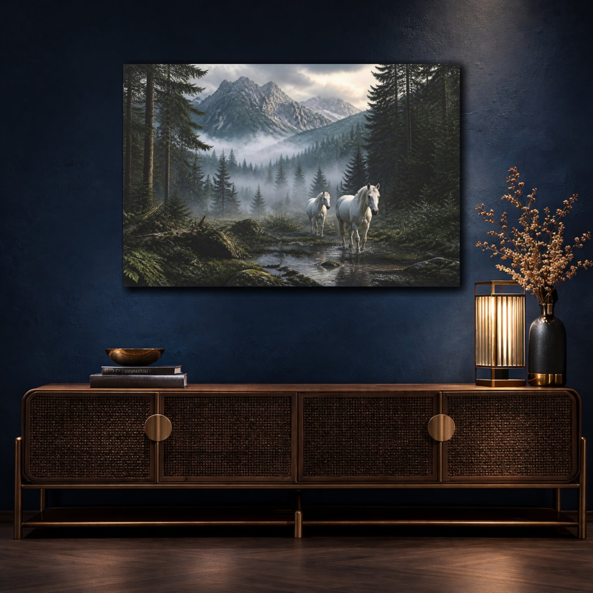 Mockup 4. White Horses Landscape shown as canvas print