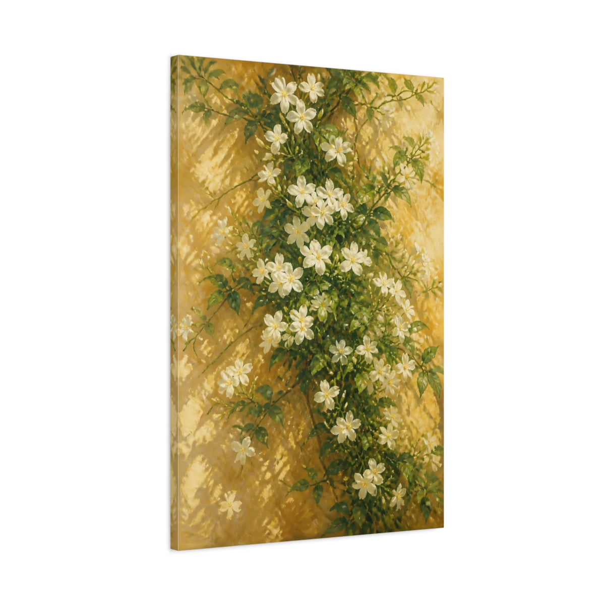 Main Mockup. White Jasmine Flowers On Sunlit Wall shown as canvas print