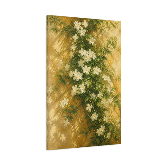 Main Mockup. White Jasmine Flowers On Sunlit Wall shown as canvas print