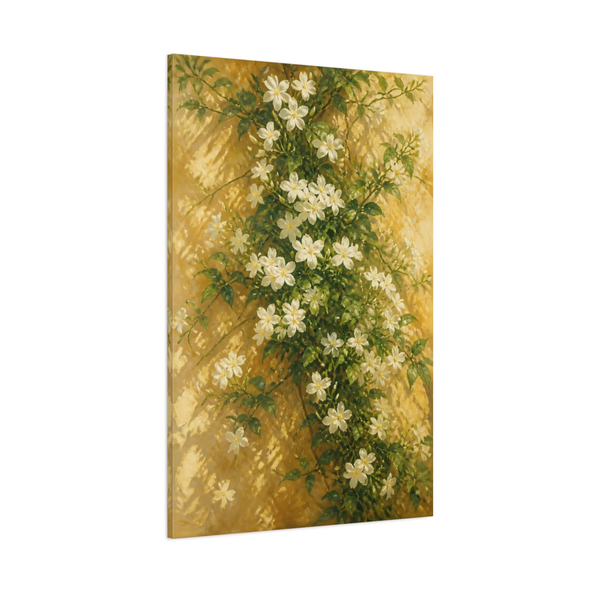 Side Mockup 1. White Jasmine Flowers On Sunlit Wall shown as canvas print