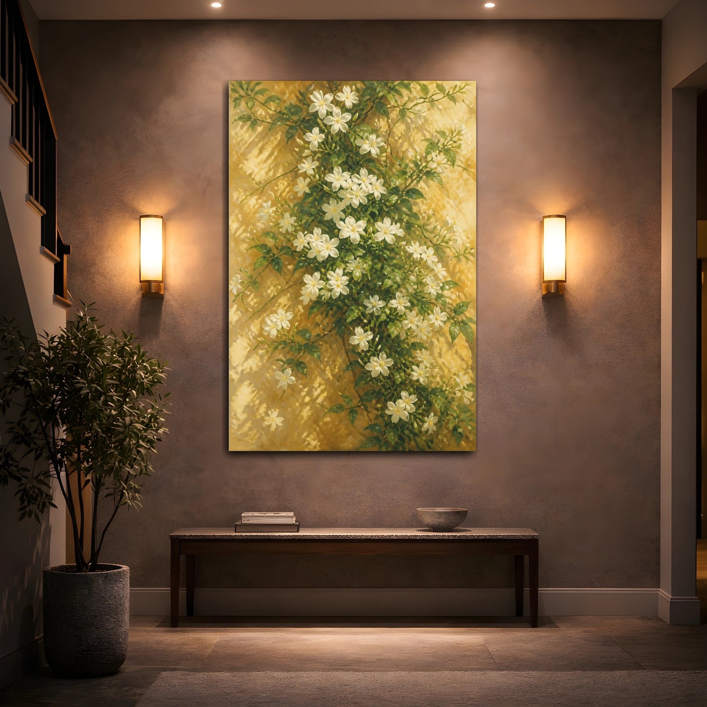 Mockup 2. White Jasmine Flowers On Sunlit Wall shown as canvas print
