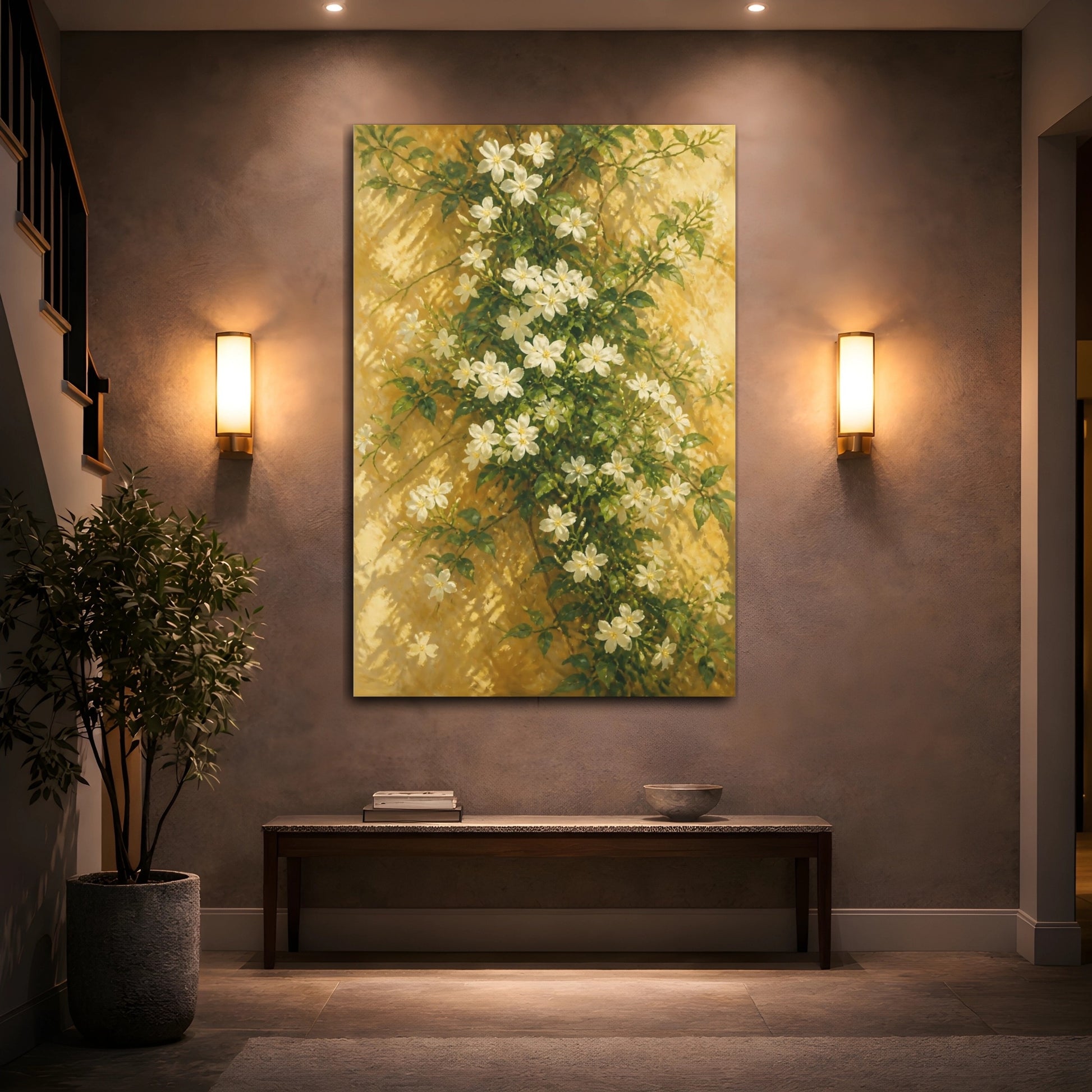 Mockup 2. White Jasmine Flowers On Sunlit Wall shown as canvas print