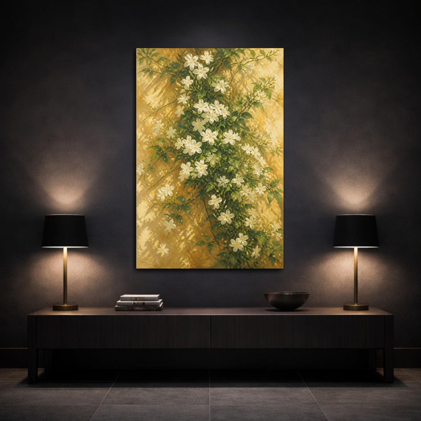 Mockup 3. White Jasmine Flowers On Sunlit Wall shown as canvas print