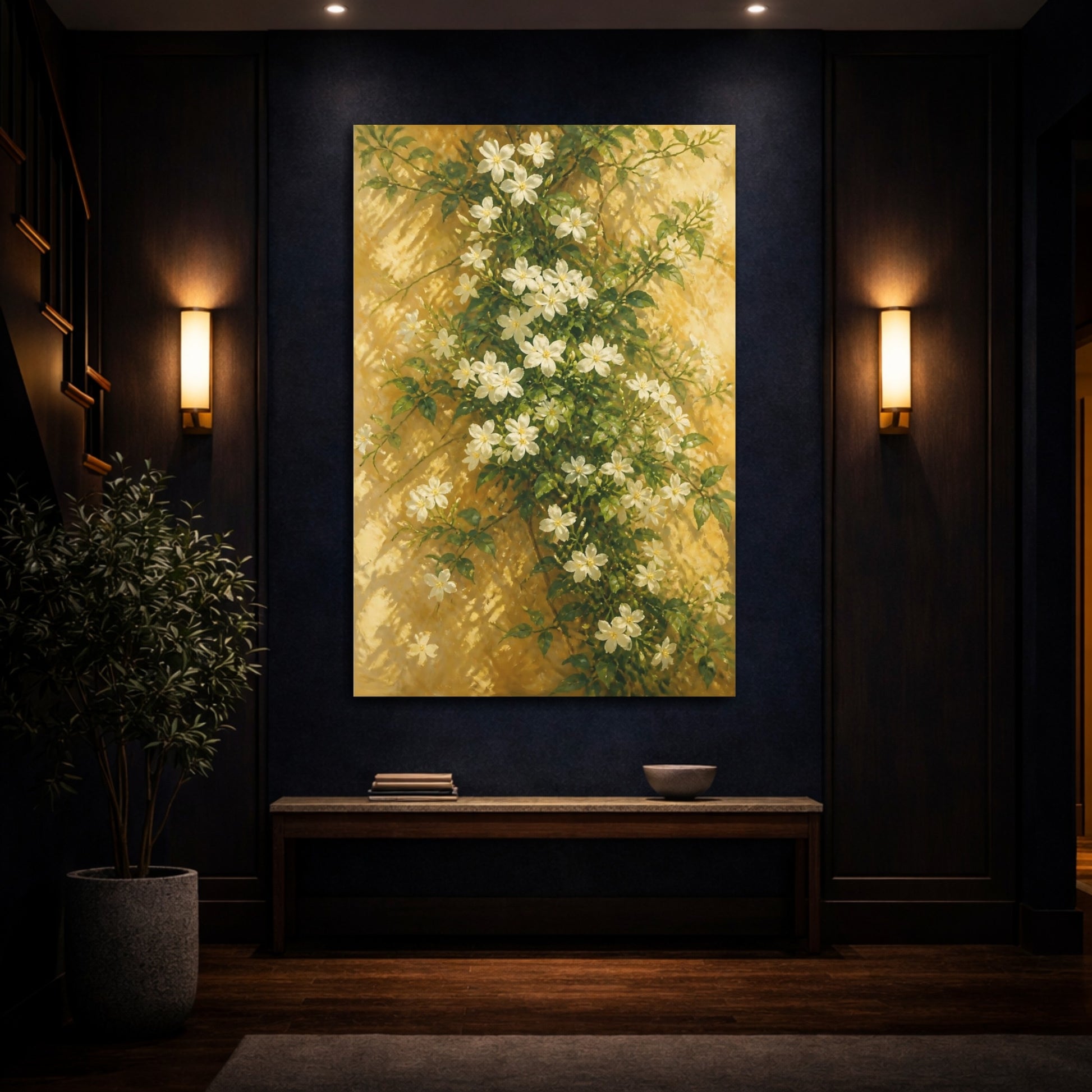 Mockup 4. White Jasmine Flowers On Sunlit Wall shown as canvas print