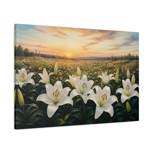 Main Mockup. White Lilies At Sunset shown as canvas print