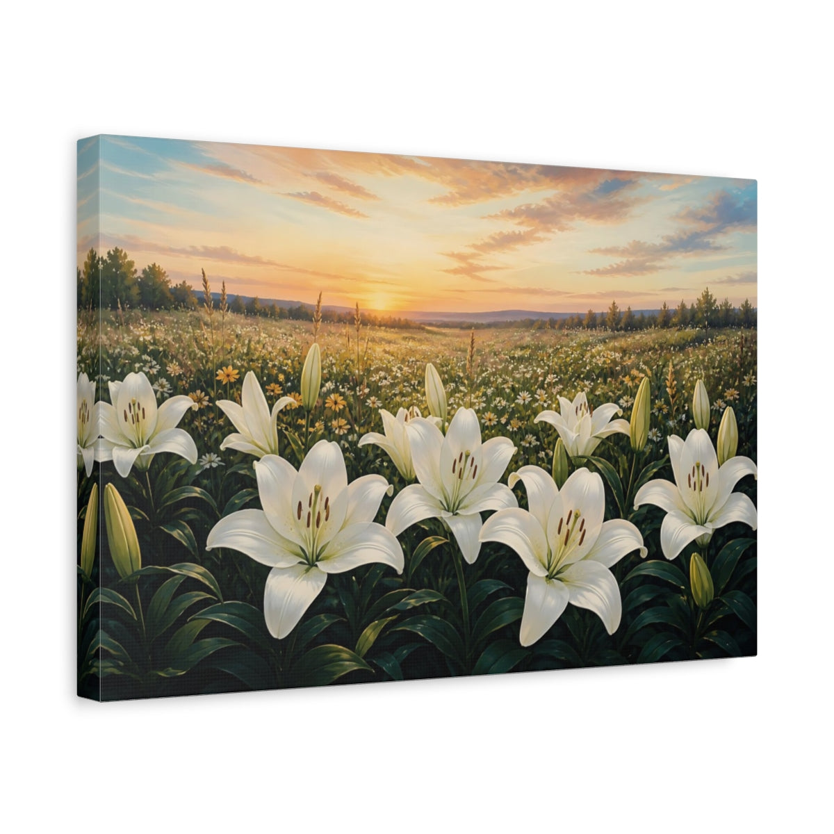 Side Mockup 4. White Lilies At Sunset shown as canvas print