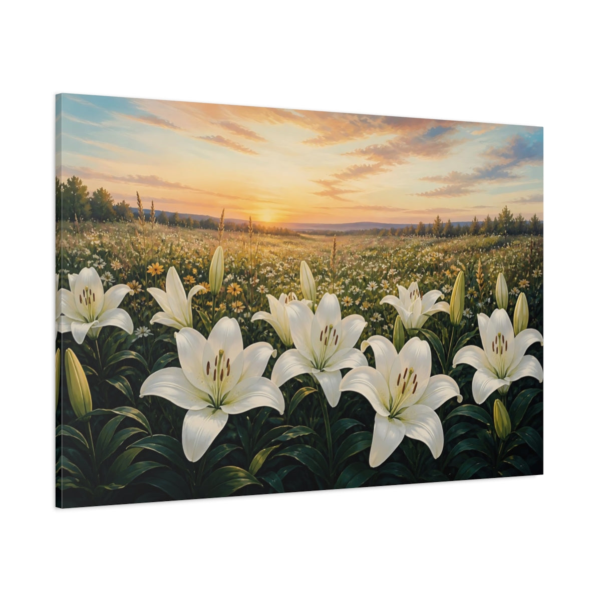 Side Mockup 1. White Lilies At Sunset shown as canvas print