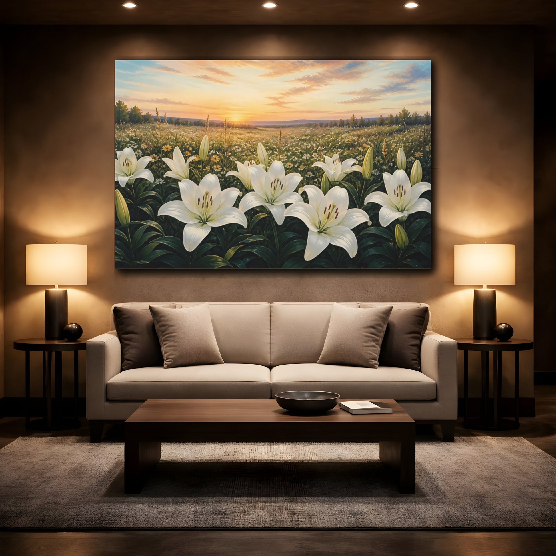 Mockup 2. White Lilies At Sunset shown as canvas print