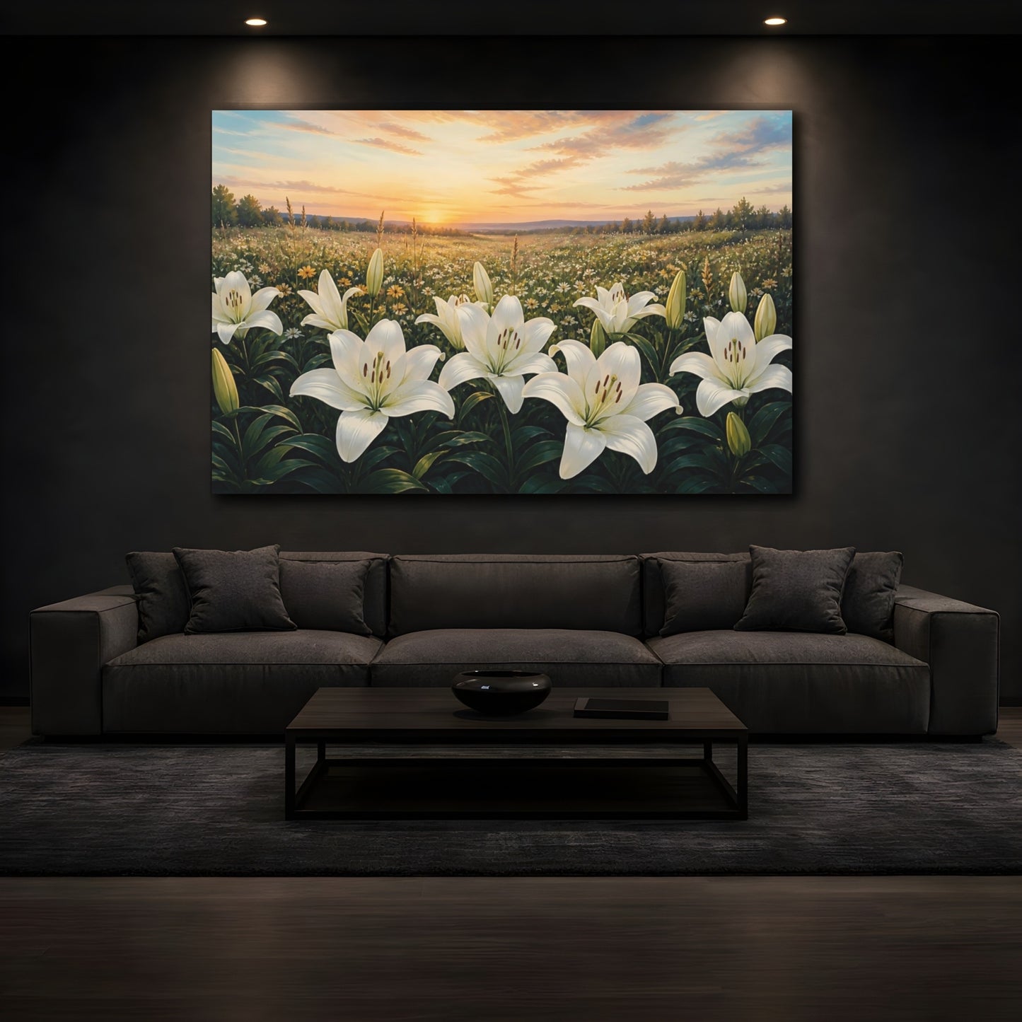 Mockup 3. White Lilies At Sunset shown as canvas print