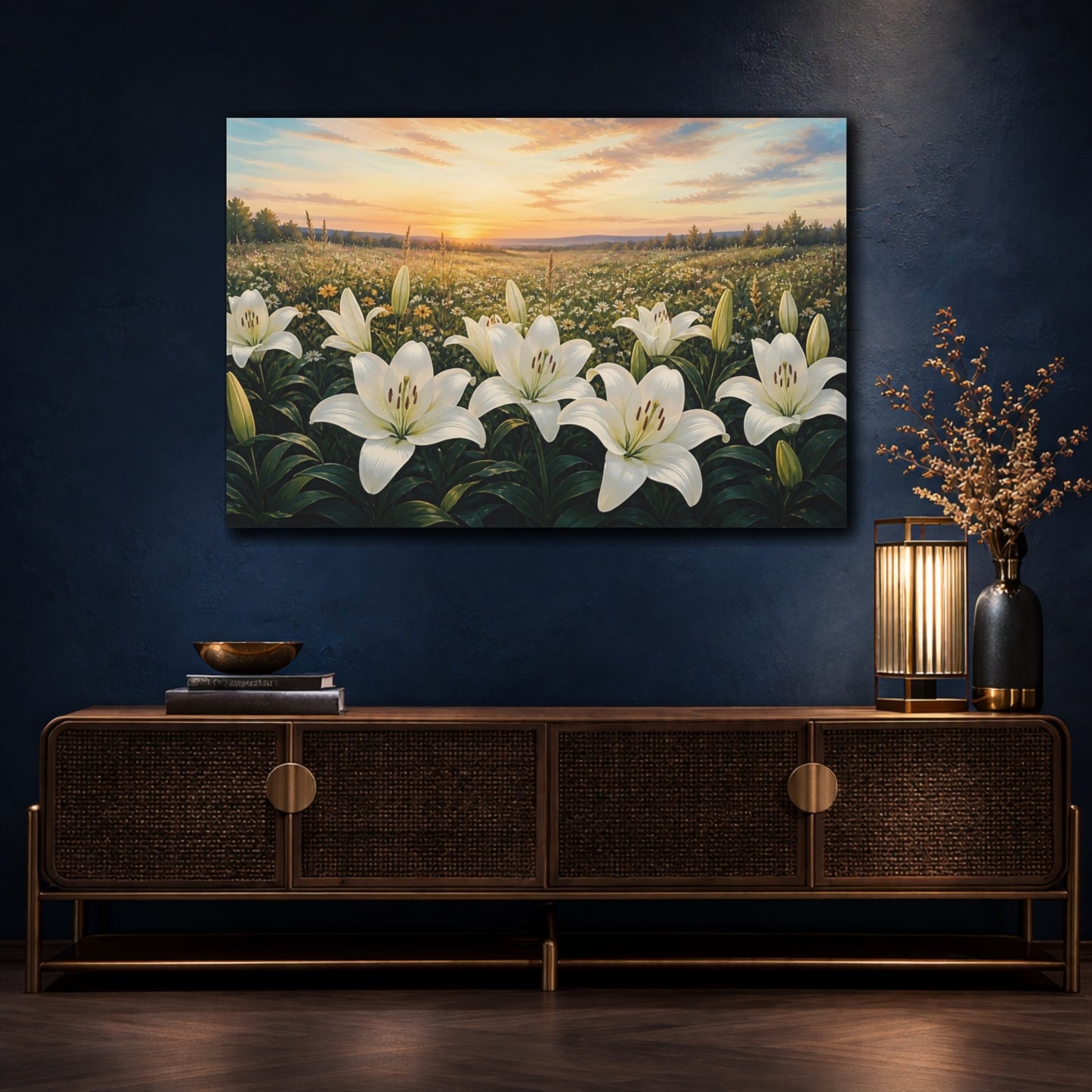 Mockup 4. White Lilies At Sunset shown as canvas print