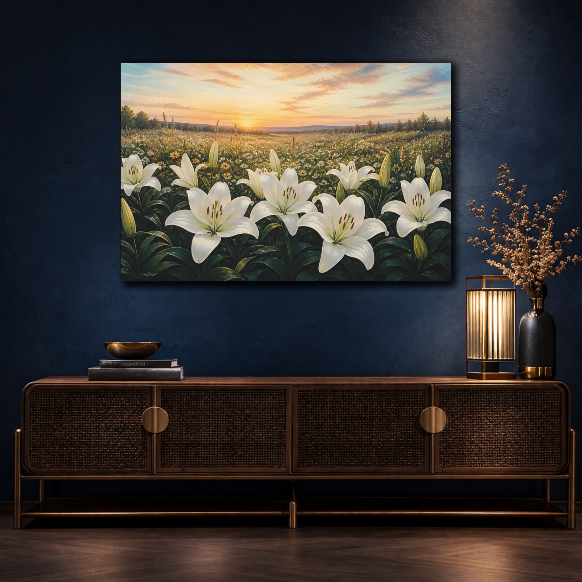 Mockup 4. White Lilies At Sunset shown as canvas print