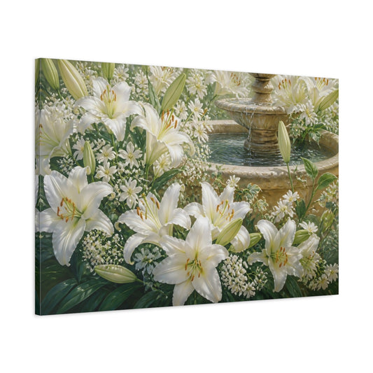 Main Mockup. White Lilies By Fountain shown as canvas print