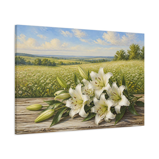Main Mockup. White Lilies On Weathered Table shown as canvas print