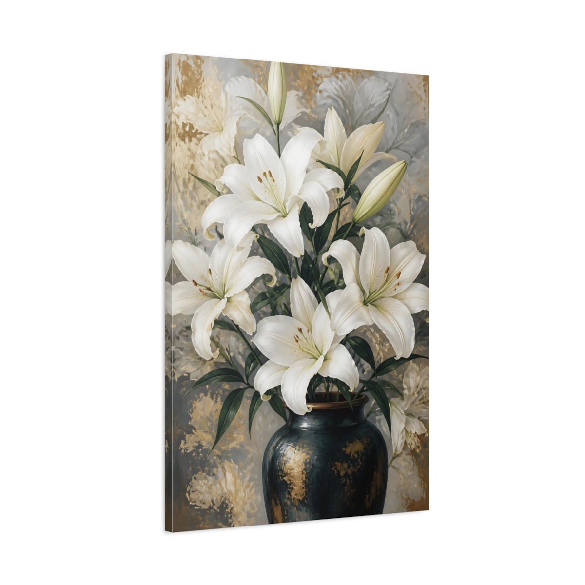 Main Mockup. White Lily Flowers In Vase shown as canvas print