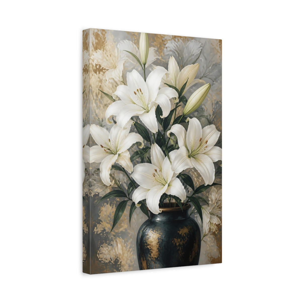 Side Mockup 4. White Lily Flowers In Vase shown as canvas print