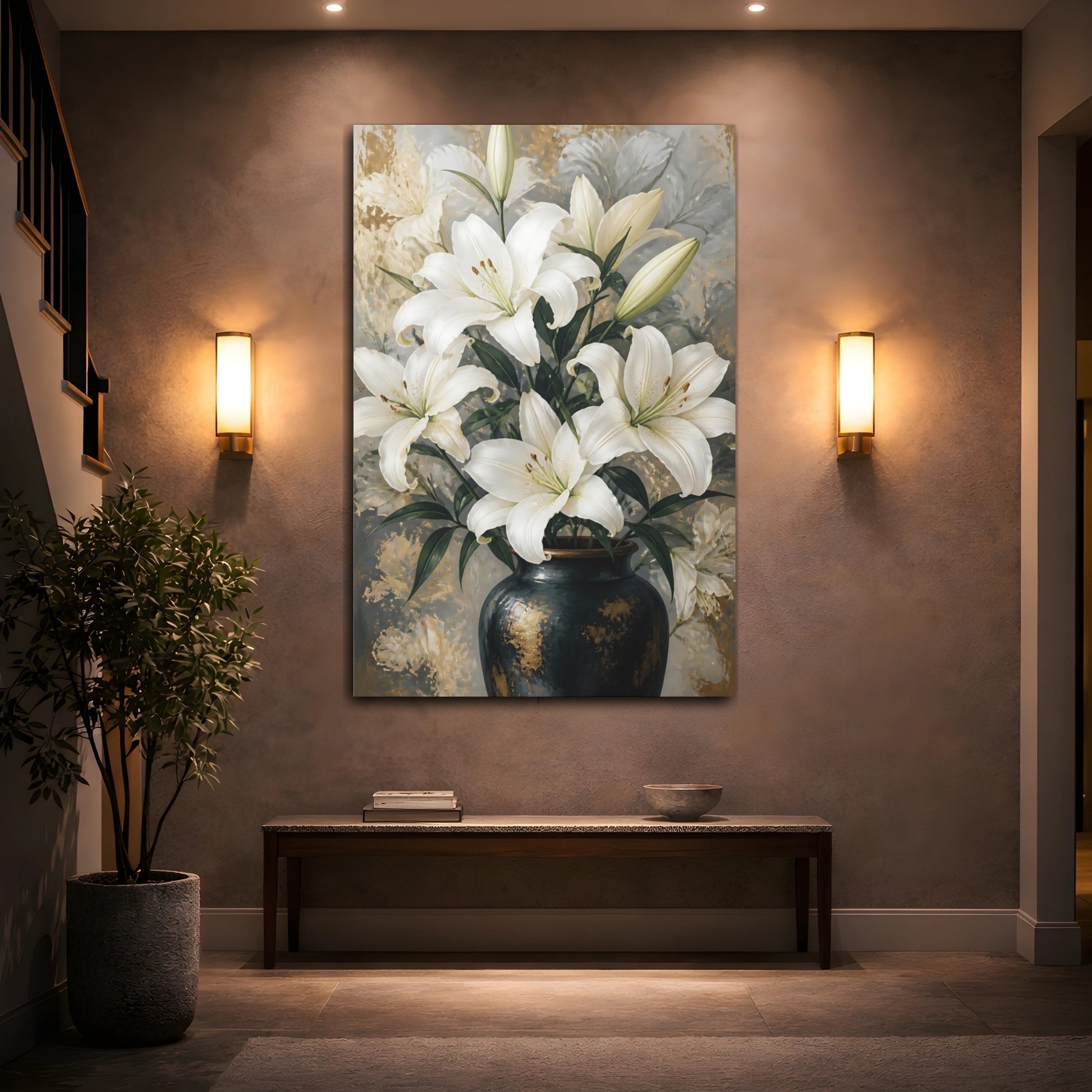 Mockup 2. White Lily Flowers In Vase shown as canvas print