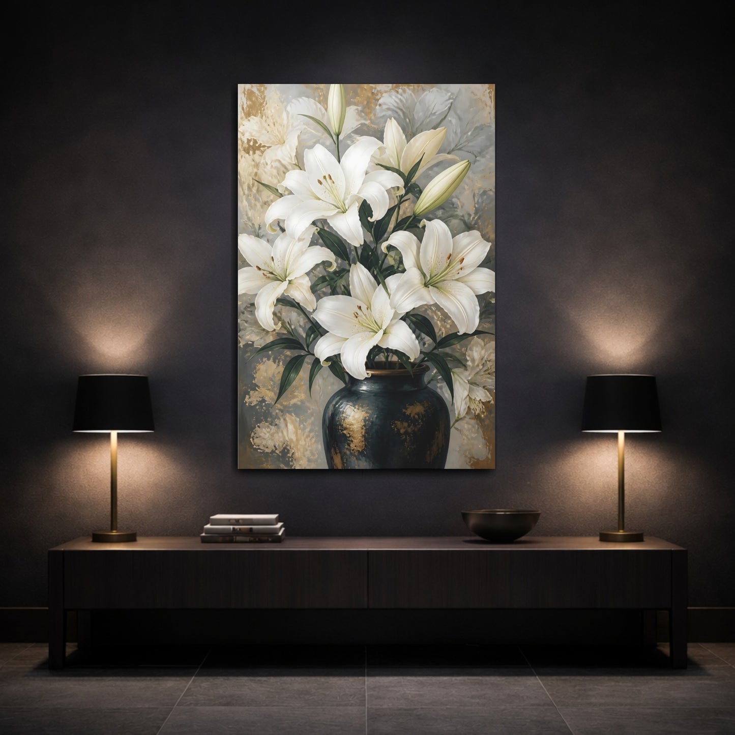 Mockup 3. White Lily Flowers In Vase shown as canvas print
